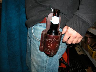 Beer Holster With a Swivel Clip , Custom, Full Grain Leather, Hand tooled, Hand Made in the Okanagan, Oliver, B.C., Canada