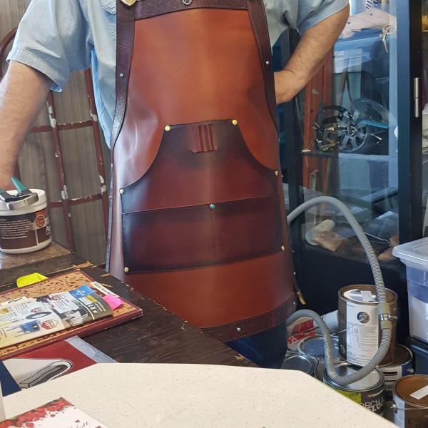 Aprons Assorted, Full Grain Leather, Hand tooled, Hand made in the Okanagan, Oliver, B.C., Canada.