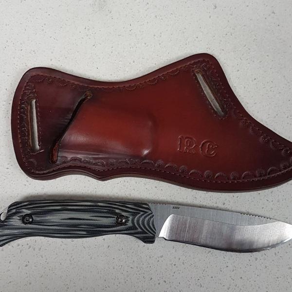 Knife Sheath For Quick draw, Custom, Full Grain Leather, Hand tooled, Hand made in the Okanagan, Oliver, B.C., Canada.