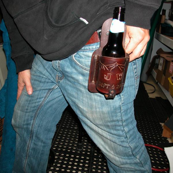 Beer Holster With a Swivel Clip , Custom, Full Grain Leather, Hand tooled, Hand Made in the Okanagan, Oliver, B.C., Canada.