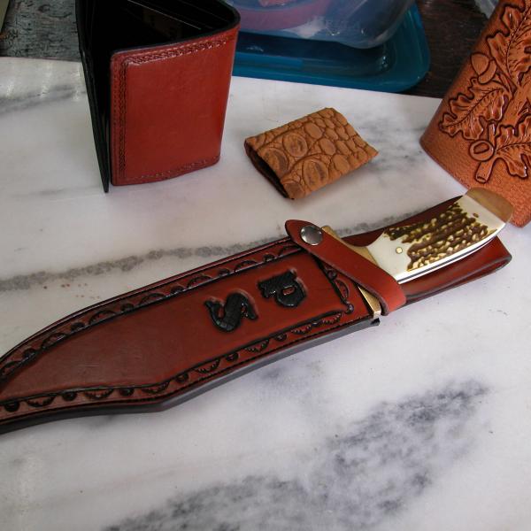 Knife Sheath Assorted, Custom, Full Grain Leather, Hand tooled, Hand made in the Okanagan, Oliver, B.C., Canada.
