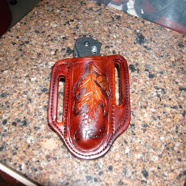 Knife Sheath Pancake Style With Quick Draw, Custom, Full Grain Leather, Hand tooled, Hand made in the Okanagan, Oliver, B.C., Canada.
