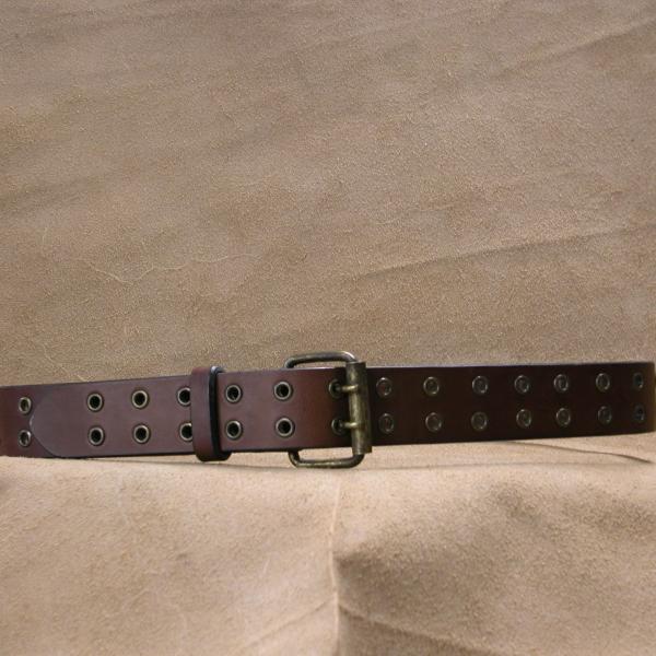 Belt 1 1/2" with eyelets, brown colour, fits waist 28" to 32",double prong roller buckle, Custom, Full Grain Leather, Hand tooled, Hand made in the Okanagan, Oliver, B.C., Canada.