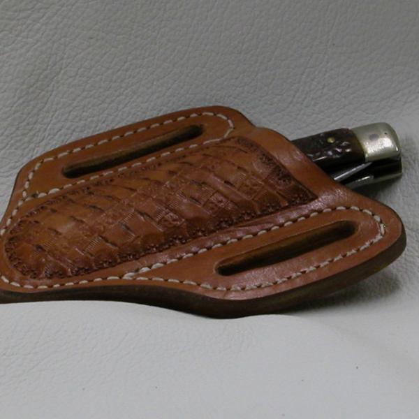 Knife Sheath Pancake Style With Quick Draw, Custom, Full Grain Leather, Hand tooled, Hand made in the Okanagan, Oliver, B.C., Canada.