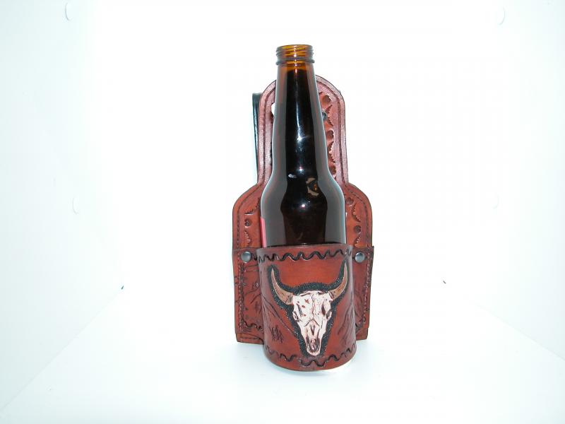 Beer Holster With a Swivel Clip, Custom, Full Grain Leather, Hand tooled, Hand Made in the Okanagan, Oliver, B.C., Canada.