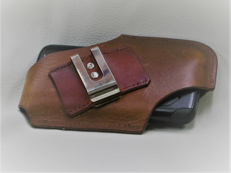Back, Cell Phone Holster Ox Blood Colour, Custom, Full Grain Leather, Hand tooled, Hand Made in the Okanagan, Oliver, B.C., Canada.