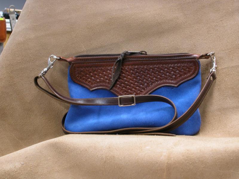 Purse Blue with Tooled Accents, Front, Custom, Full Grain Leather, Hand tooled, Hand Made in the Okanagan, Oliver, B.C., Canada