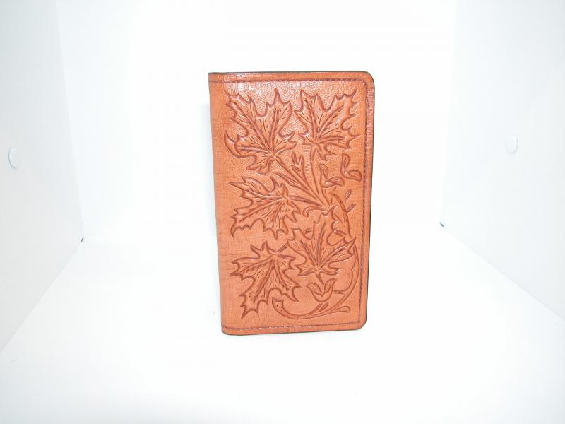 Wallet, Checkbook Style, Light Tan Colour, Custom, Full Grain Leather, Hand tooled, Hand Made in the Okanagan, Oliver, B.C., Canada
